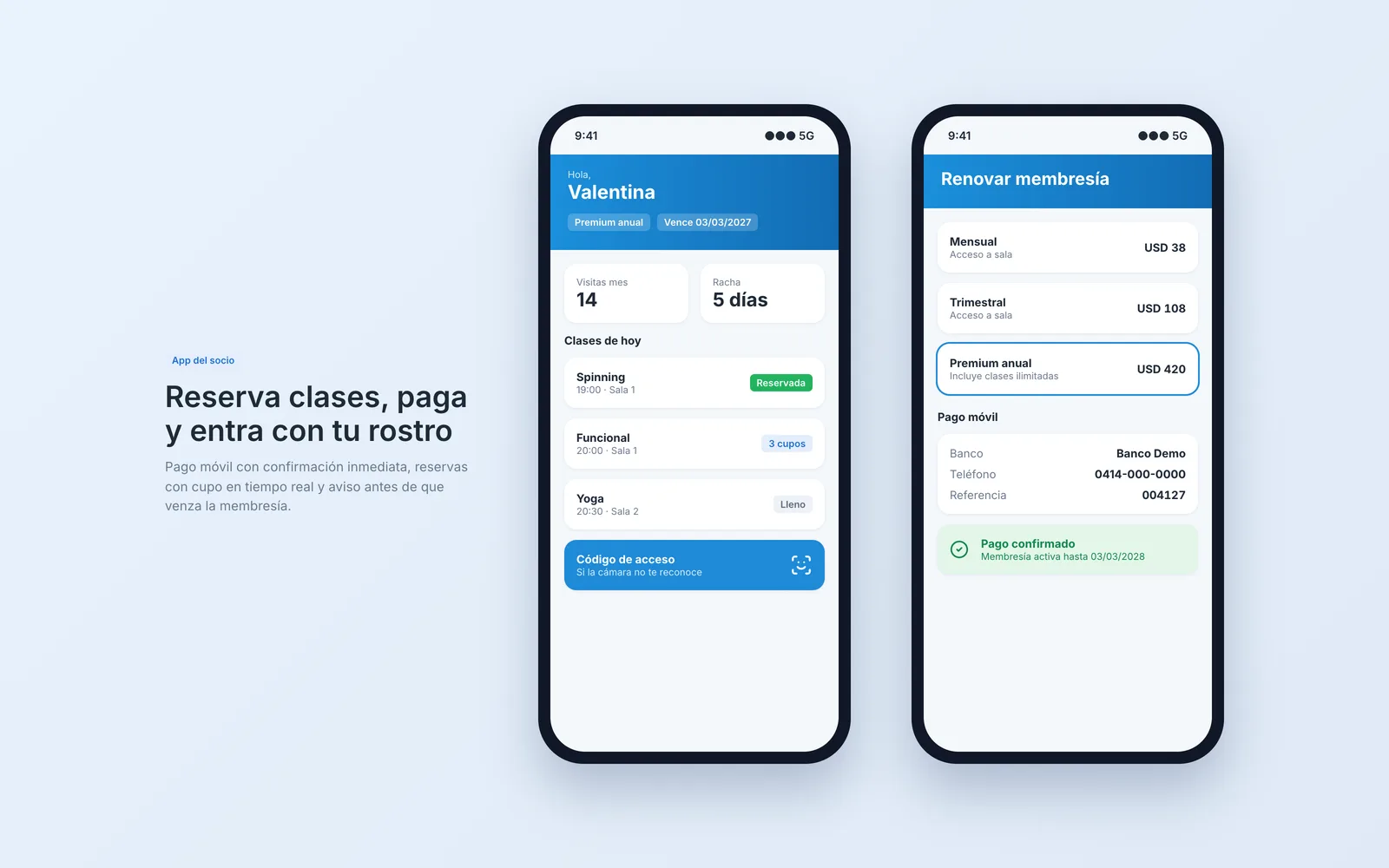 Gym · App cliente · reservas y pagos (vista ilustrativa)
